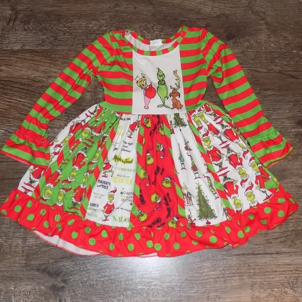 Unbranded Grinch Christmas Dress Kids 3T Red Green Good Long Sleeve‎ Ruffle Tie